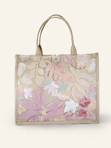 Farahzel 1pc Multi-Color Sequins & Mesh Splice Linen Tote Bag - Baby Pink - View 3