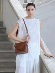 NobleVue 1pc Solid Color Retro Fashion Woven Zipper Bucket Bag, Versatile Shoulder/Crossbody/Handbag, Suitable For Daily Use - Brown - View 4