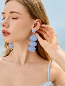 Glizzene 1 Pair Handmade Woven Raffia Shell Tassel Long Earrings, Bohemian Beach Style Geometric Design Earrings, Suitable For Women's Daily, Vacation, Party, Festivals Like Valentine's Day, Wedding Season, Mother's Day, Music Festivals (Handcrafted Raffia Weaving, Shape And Direction Random) - Baby Blue - View 1