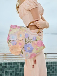 Glizzene 1件花卉刺繡圖案網格托特包，復古竹柄沙灘包，大容量夏季度假海灘旅行，聖誕禮物 - 彩色 - 查看 3