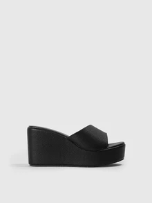 DareSee Damen Plateau-Keilsandalen, klassische schwarze Ledertextur, Frühling/Sommer Mode bequeme lässige Hausschuhe, erhöhen die Höhe, geeignet für Partys, Karnevals, Musikfestivals und mehr, Reiseessenzielle Schulanfang - Schwarz - Übersicht 4