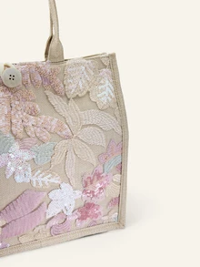Farahzel 1pc Multi-Color Sequins & Mesh Splice Linen Tote Bag - Baby Pink - View 5