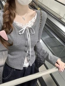 Lace Patchwork Single-Breasted Long Sleeve Mock Layered T-Shirt Top Casual Spring - Grey - View 2