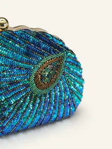 Farahzel Peacock Blue Retro Chinese Style Cheongsam Handbag For Women, Peacock Embroidered Beaded Sequin Party Clutch Purse - Teal Blue - View 6