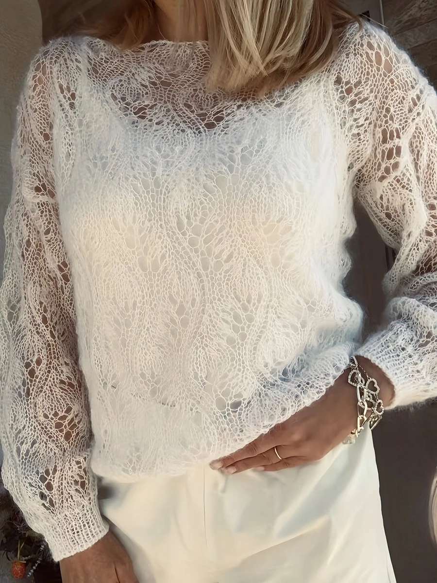 Blusa de manga larga de punto transparente y calada para mujer, adecuada para citas, vacaciones y uso diario, primavera/verano en color blanco - Blanco - Ver 1