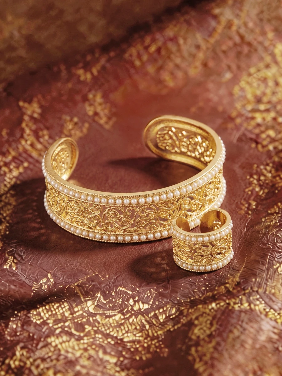 Farahzel 1 buah/1 set 2 buah Gelang dan Cincin Manset Terbuka Berongga Elegan Bergaya Vintage dengan Hiasan Mutiara Putih Bordir - Ukiran benang sutra berlubang yang elegan - View 1