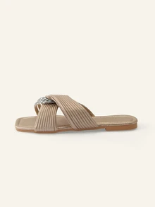 Farahzel Sandalias glamorosas para mujer, sandalias deslizantes de satén con decoración de giro metálico y strass, atuendos de primavera y verano - Dorado - Ver 6