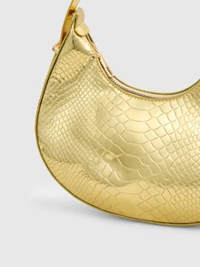 DareSee Metal Snake Embossed Shoulder Bag Solid Color Crocodile Embossed Shoulder Bag Baguette Bag Minimalist Underarm Bag Back To School - Gold - View 6
