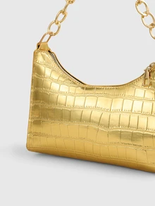 DareSee New Fashion One Shoulder Underarm PU Leather Alligator Embossed Baguette Bag - Gold - View 6