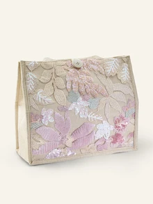 Farahzel 1pc Multi-Color Sequins & Mesh Splice Linen Tote Bag - Baby Pink - View 7