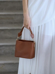 NobleVue 1pc Solid Color Retro Fashion Woven Zipper Bucket Bag, Versatile Shoulder/Crossbody/Handbag, Suitable For Daily Use - Brown - View 3