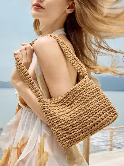 Glizzene Bolso de hombro plegable color caqui para mujer, bolso de mano de ganchillo de punto, bolso de vacaciones elegante y casual
