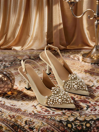 Etoivie Women Rhinestone & Faux Pearl Decor Point Toe Pyramid Heeled Pumps, Fashion Outdoor Slingback Pumps,Kitten Heels,Elegant,Elegant,Party Outfits