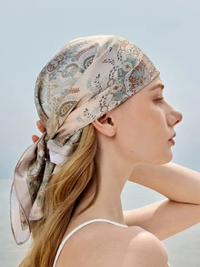 Glizzene 1pc New Bohemian Style Paisley Print Bandana, Women's Fashion Scarf For Sun Protection, Shawl For Daily Wear And Vacation, Spring/Summer Summer Hair Accessories Beach Hair Bands Vacay Headband - Beige - View 5