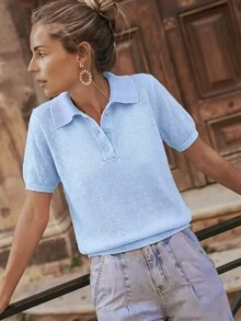 Women's Solid Color Mohair Button Front Short Sleeve Polo Shirt, Casual Summer - Blue - View 1