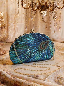 Farahzel Peacock Blue Retro Chinese Style Cheongsam Handbag For Women, Peacock Embroidered Beaded Sequin Party Clutch Purse - Teal Blue - View 8