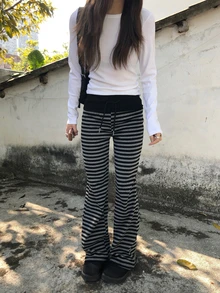 Japanese Style Colorblock Striped Patchwork Lace-Up Soft Comfortable Casual Pants Spring - Grey - View 1