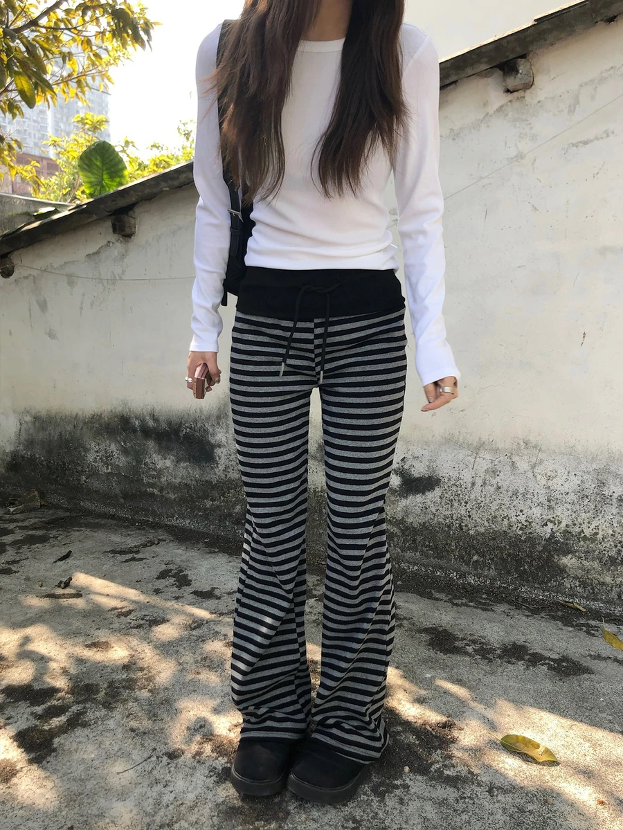 Japanese Style Colorblock Striped Patchwork Lace-Up Soft Comfortable Casual Pants Spring - Grey - View 1