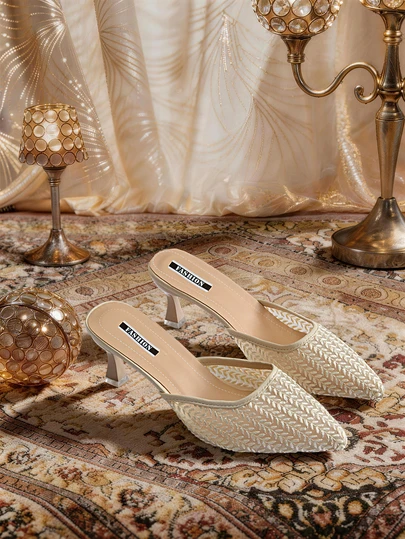 Etoivie Women Ear Of Wheat Embroidered Point Toe Pyramid Heeled Pumps, Glamorous Party Fabric Mule Pumps, Elegant, Kitten Heels