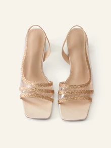 Farahzel Spring/Summer Women Minimalist Mules, Glitter Chunky Heeled Glamorous Sandals Gold - Gold - View 6