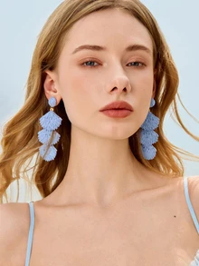 Glizzene 1 Pair Handmade Woven Raffia Shell Tassel Long Earrings, Bohemian Beach Style Geometric Design Earrings, Suitable For Women's Daily, Vacation, Party, Festivals Like Valentine's Day, Wedding Season, Mother's Day, Music Festivals (Handcrafted Raffia Weaving, Shape And Direction Random) - Baby Blue - View 5