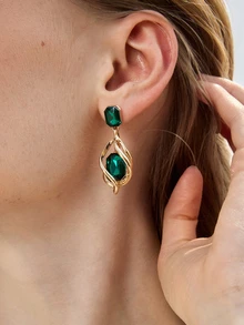 Glizzene 2pcs Geometric Green Gemstone & Diamond Drop Earrings For Women - Yellow Gold - View 3