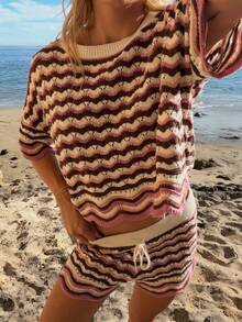 Conjunto de 2 piezas de punto con ondas y calado, de ajuste holgado con top de manga corta y shorts, para primavera/verano - Multicolor - Ver 1