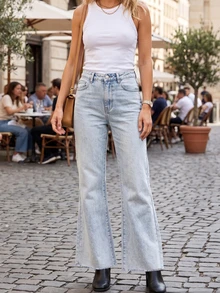 Quần jeans ống loe cạp cao dáng rộng dành cho nữ, phong cách thường ngày cho mùa xuân và hè. - Màu xanh lam - Xem 2