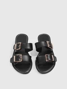 DareSee Giày sandal xỏ ngón nhiều quai kiểu mới 2025, sản phẩm không thể thiếu trong mùa hè, giày sandal quai rộng tối giản thời trang nữ, giày bệt đế mềm chống trượt phong cách Pháp cổ điển, phù hợp với váy - màu đen - Xem 2
