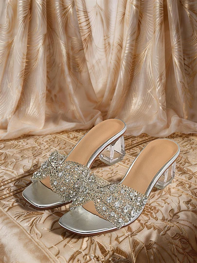Etoivie Fashionable Square Toe Crystal Heeled & Rhinestone Strappy Women's Silver High Heel Sandals Suitable For Outdoor Parties Valentines,Spring Summer Outfits