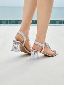 Glizzene Giày cao gót đế dày đính hoa pha lê trong suốt mới 2025 dành cho nữ mùa hè, thanh lịch và quyến rũ cho buổi chụp ảnh và hẹn hò - Bạc - Xem 2
