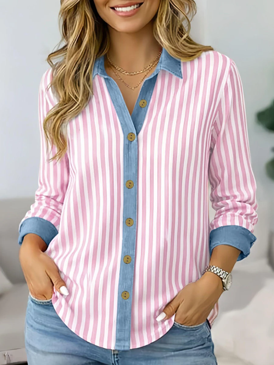 Camisa casual de mujer con estampado de rayas, camisa de botones con cuello de mezclilla y cuello en V, blusa de manga larga con bajo curvo para uso diario en color rosa