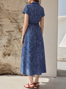Elegant Paisley Pattern Twist Zipper Pocket Plus Size Women's Solid Color Fitted Waist Flared Dress Summer - Blue - View 3