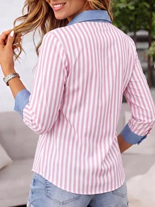 Camisa casual de mujer con estampado de rayas, camisa de botones con cuello de mezclilla y cuello en V, blusa de manga larga con bajo curvo para uso diario en color rosa - Rosa - Ver 3