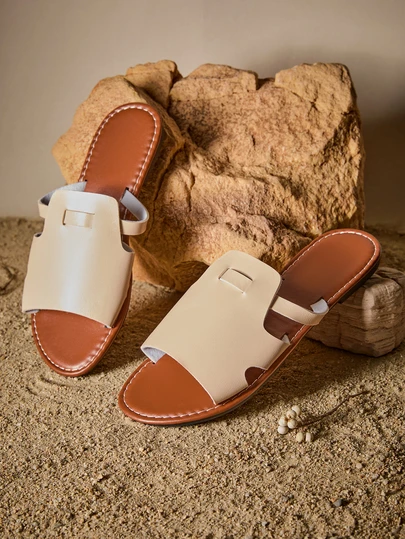 Tropiscape New Plus Size Women Comfortable Minimalist Round Toe Hollow Out Casual Flat Slippers, Versatile Sandals For Beach, Vacation, Summer Cottagecore,SummerOutfit