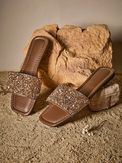 Tropiscape Damen Strass-Dekor Gleitende Sandalen, glamouröse Glas-Flachsandalen, Frühling Sommer Outfits Cottagecore, Sommer Outfit