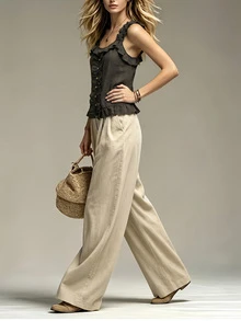 Damen figurbetontes Tanktop mit Spitzenbesatz und Knöpfen, lässiger Urlaubsstil, minimalistisch elegant für den Sommer - Armeegrün - Übersicht 3