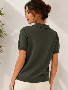 Elegant Polo Knit Top, Women's Lightweight Short Sleeve T-Shirt For Commuting, Summer - Army Green - View 2
