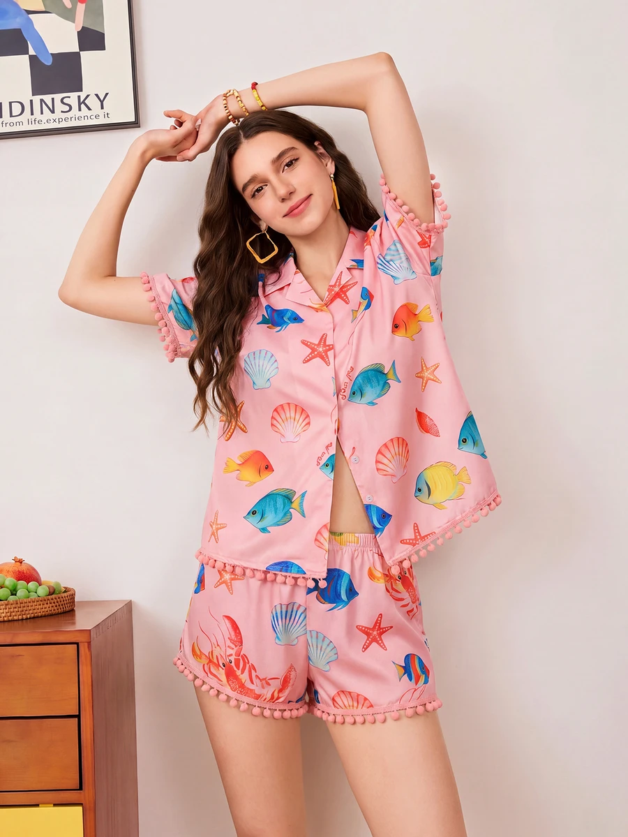 Bộ đồ ngủ nữ, gồm áo đính cườm in hình cá biển và quần short, viền ren, kiểu dáng thoải mái. - Hồng - Xem 1