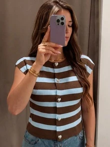 Women's New French Minimalist Knit Short Sleeve Top, Spring/Summer - Light Brown and Blue - View 1