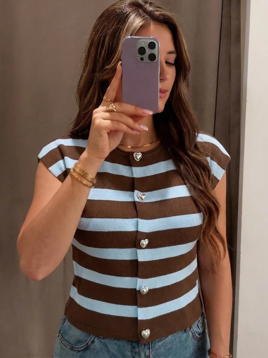 Women's New French Minimalist Knit Short Sleeve Top, Spring/Summer - Light Brown and Blue - View 1