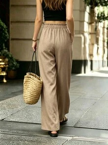 Quần ống rộng nữ màu kaki xếp ly, cạp chun co giãn, chất liệu giả vải lanh, kiểu dáng suông, có dây rút, dáng rộng thoải mái, dễ mặc hàng ngày. - Màu Khaki - Xem 2