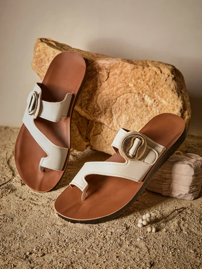 Tropiscape Women Fashion Sandals, Elegant Classic Minimalist Personalized, Premium Leather Material, Soft Comfortable Breathable, Unique Metal Buckle Design, Suitable For Various Occasions Wear, Casual Vacation Daily Commute Slides,Spring Summer Outfits Cottagecore,SummerOutfit