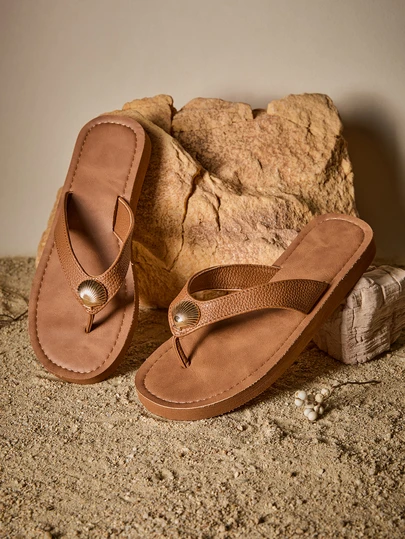 Tropiscape New Vintage Chic Metal Shell Decor Brown Flip Flops, Suitable For Pairing With Dresses, Beach Vacation Dates, Casual Sandals/Beach Shoes, Streetwear Youth Comfortable Lightweight Breathable Summer Casual Shoes/Walking Shoes/Flats Cottagecore,SummerOutfit