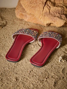 Tropiscape 2025 Summer New Sequin Square Toe Strap Slip-On Mule Sandals, Peep Toe, Soft Flat Comfortable Casual Versatile Ladies Beach Slippers Cottagecore,SummerOutfit - Burgundy - View 3