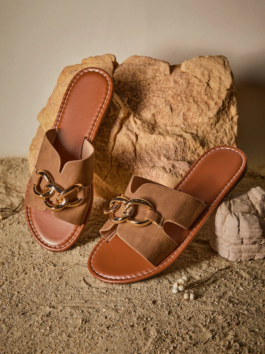 Tropiscape Casual Flat Slippers For Women, Woven Roman Sandals For Spring/Summer, Open Toe, Suitable To Wear With Dresses, Suitable For Beach, Home, Apartment, Brown Color Cottagecore,SummerOutfit - View 1