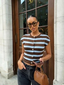 Women's New French Minimalist Knit Short Sleeve Top, Spring/Summer - Light Brown and Blue - View 2