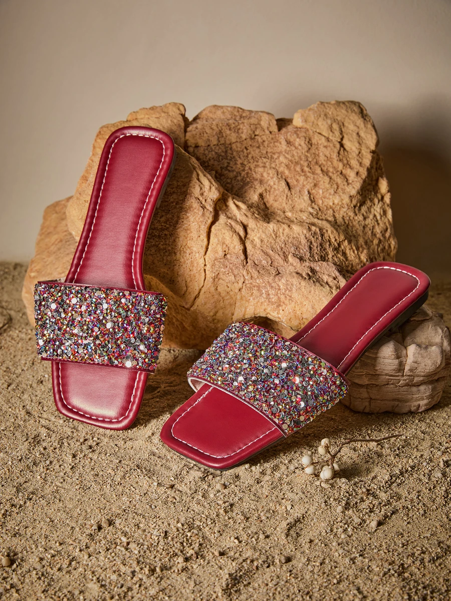Tropiscape 2025 Summer New Sequin Square Toe Strap Slip-On Mule Sandals, Peep Toe, Soft Flat Comfortable Casual Versatile Ladies Beach Slippers Cottagecore,SummerOutfit - Burgundy - View 1