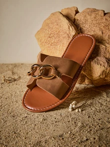 Tropiscape Casual Flat Slippers For Women, Woven Roman Sandals For Spring/Summer, Open Toe, Suitable To Wear With Dresses, Suitable For Beach, Home, Apartment, Brown Color Cottagecore,SummerOutfit - View 5