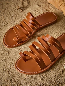 Tropiscape Sandalias planas de moda casual, chanclas con tira en el dedo, flip flops de playa para mujer, atuendos de primavera y verano Cottagecore, atuendo de verano - Marrón - Ver 5